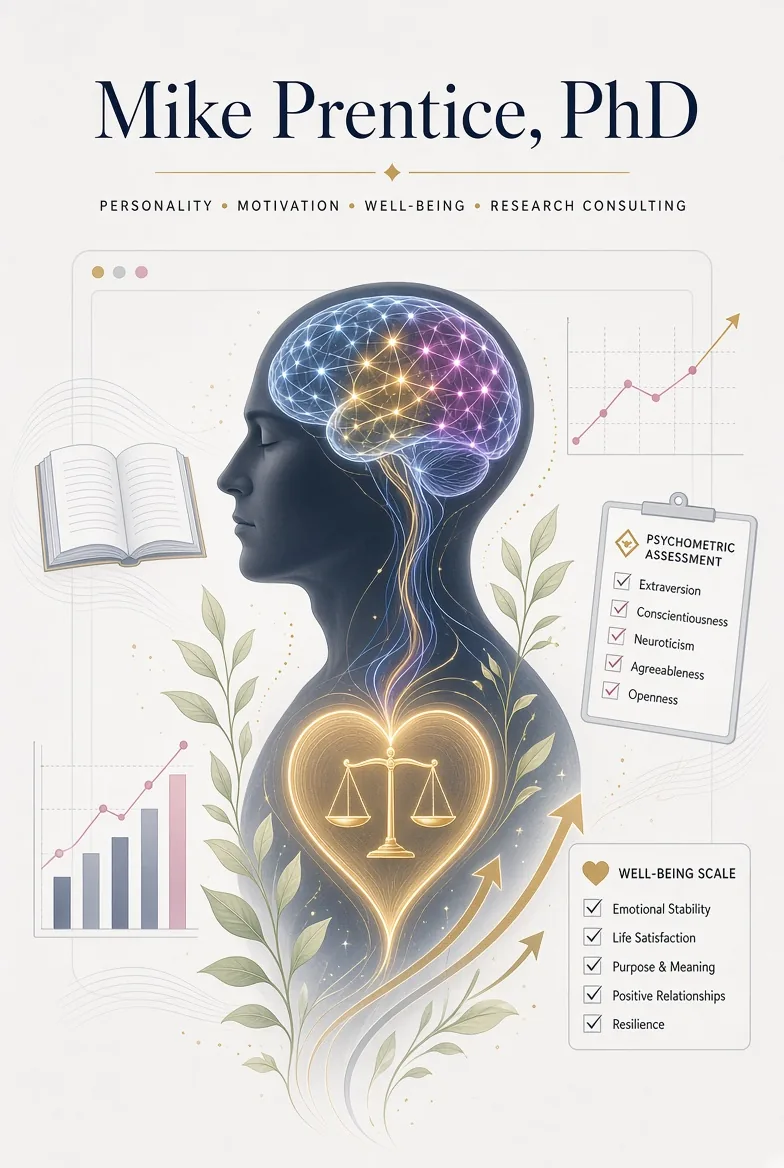 Illustration for Mike Prentice, PhD: a profile silhouette with a glowing brain network and a heart holding balanced scales, surrounded by charts, an open book, a psychometric assessment checklist of the Big Five traits, and a well-being scale.